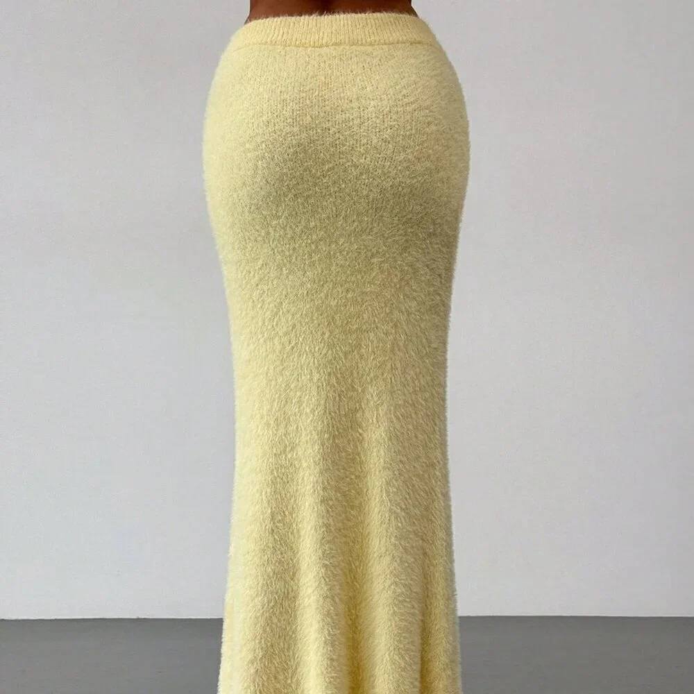Yellow Casual Womens Oversized Long Sleeve Cardigan and Sweater Maxi Skirt set